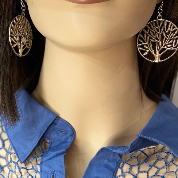 Tree of Life Silver Statement Round Dangle Earrings - Picture 1 of 3